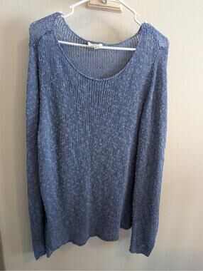 Eileen Fisher Women's Blue Linen Blend XL Open Knit Long Sleeve Top Beach